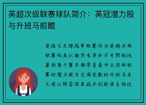 英超次级联赛球队简介：英冠潜力股与升班马前瞻